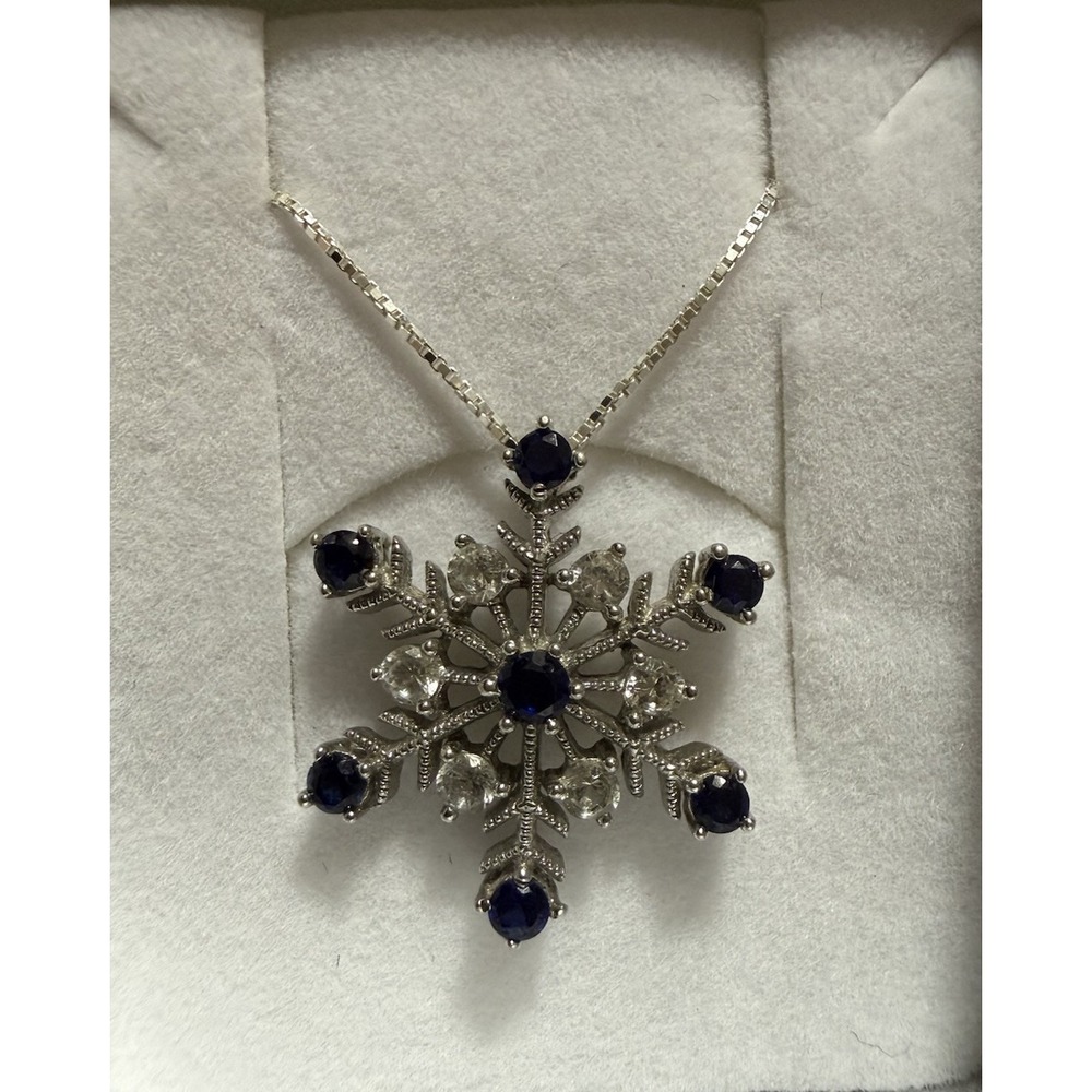 925 Sterling Silver Snowflake Pendant Necklace 16" With Sapphires Marked JA